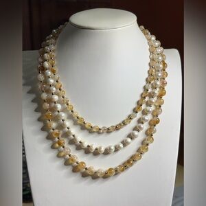 Hand crafted Genuine Citrine and Pearl three strand beaded Necklace